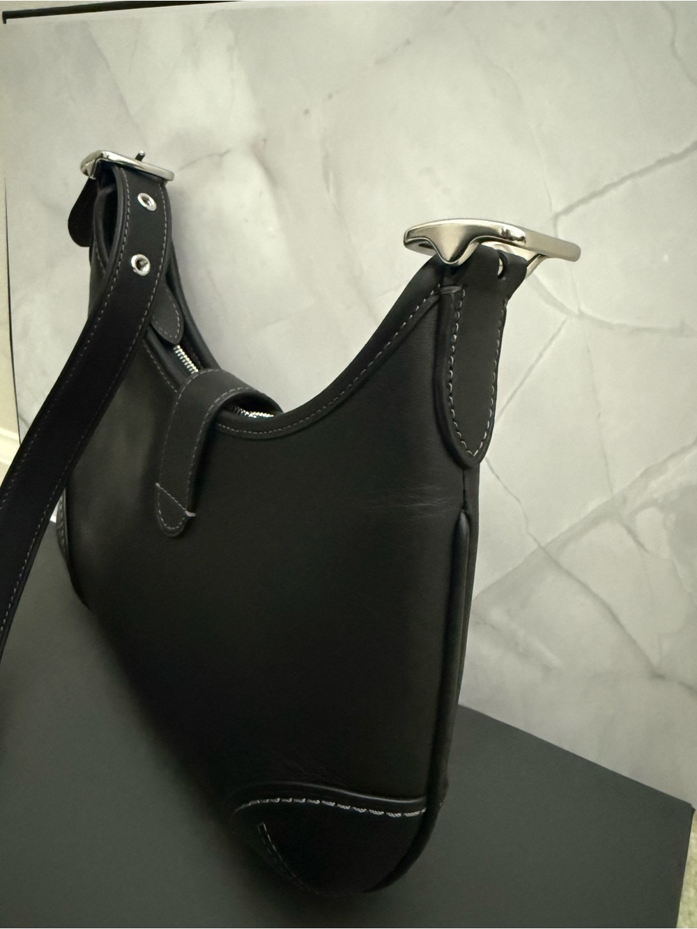 Black Leather Shoulder Bag with Silver Hardware - Picture 5 of 6